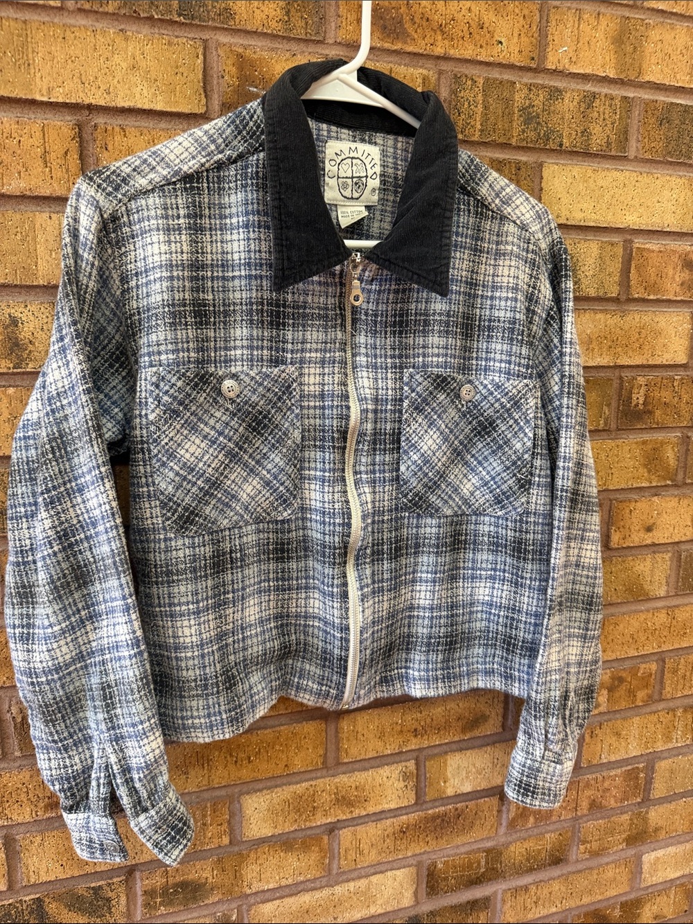 Blue Plaid Utility Jacket with Black Corduroy Collar